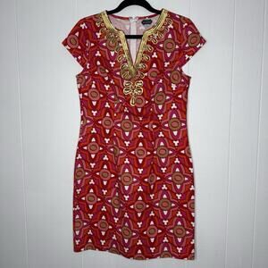 Mud Pie Women’s Jackie Dress Sheath Geometric Red Pink Gold Embroidery S 4-6